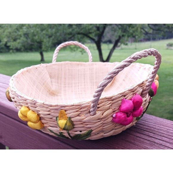 VTG Hand Woven Round Floral Basket Yellow Pink Peach Flower Handles Philippines - Picture 2 of 5